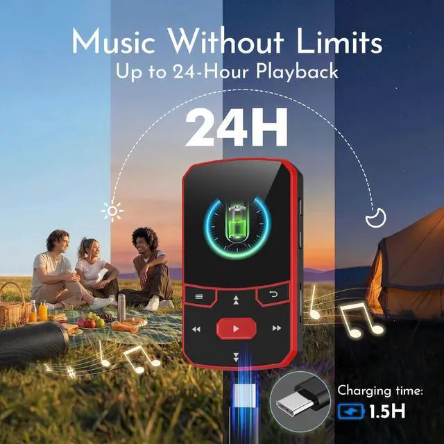Alt view image 6 of 7 - 64GB Clip MP3 Player with Bluetooth 5.3 Auto-Reconnect, Weighs 1 oz | Physical Button Controls for Sports Running, Resume Playback, FM Radio, Voice Recorder, Sleep Timer, Up to 128GB microSD Card