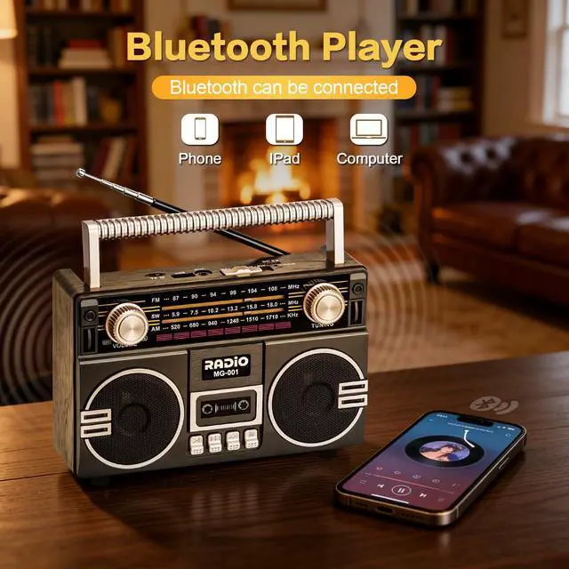 Alt view image 5 of 7 - Portable Retro Radio AM/FM/SW with Dual Speakers | Vintage Radio with Bluetooth/USB/TF Card/AUX Playback, Rechargeable Battery Operated or AC Power, for Gift, Home, Outdoor