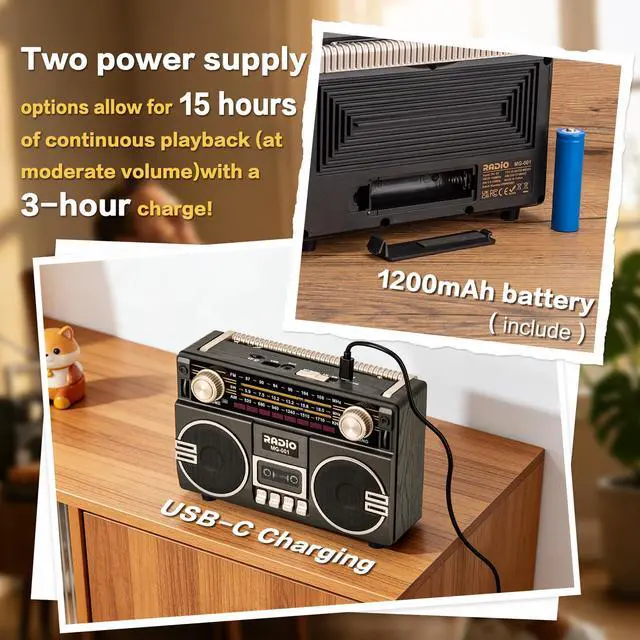 Alt view image 6 of 7 - Portable Retro Radio AM/FM/SW with Dual Speakers | Vintage Radio with Bluetooth/USB/TF Card/AUX Playback, Rechargeable Battery Operated or AC Power, for Gift, Home, Outdoor