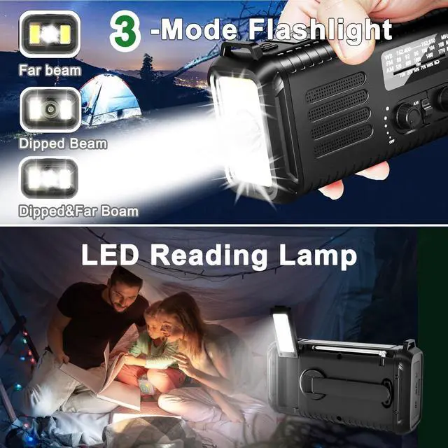 Alt view image 2 of 6 - Hand Crank Emergency Radio, NOAA AM/FM Solar, 20000mAh Flashlight SOS | 72000mWh Battery, Dual USB Output, 3W Super Bright LED, 8 LED Reading Lamp, Headphone Jack, Compass, for Camping