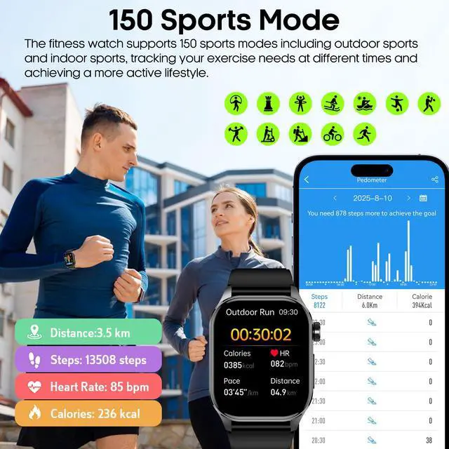 Alt view image 6 of 7 - Smart Watch for Men Women with Bluetooth Calls, Blood Pressure Heart Rate Blood Oxygen Stress HRV Monitor Sleep Tracker, 150+ Sports Modes Fitness Tracker, IP68 Waterproof, Pedometer For Android/iOS