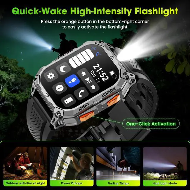 Alt view image 6 of 7 - Smart Watches for Men, 2.01" HD Military Smart Watch with 1000mAh High-Capacity Battery/Led Flashlight/Answer/Make Call/Heart Rate/Sleep Monitor/Step Tracker, Fitness Tracker for Android/iPhone