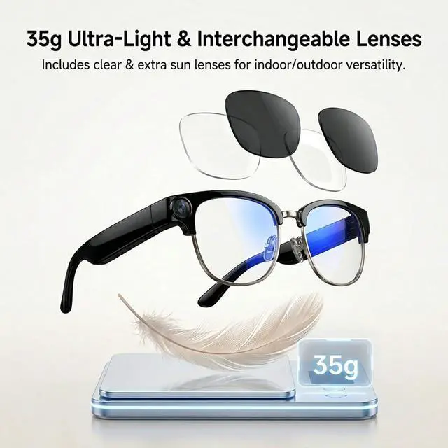 Alt view image 7 of 7 - AI Smart Glasses Camera, 4K EIS Anti-Shake Photo & Photochromic | Real-Time Translation, Object Recognition, Voice Assistant, Open-Ear BT, 4K Video Recording, Photochromic & Extra Lenses