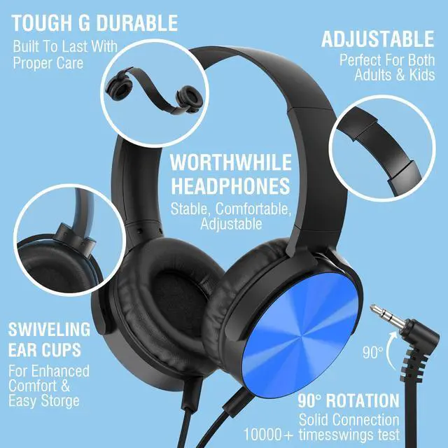 Alt view image 3 of 7 - Kids Headphones Bulk 5 Pack, Durable Wired School Headphones for K-12 Classroom, Foldable Student Headphones for Library, Online Listening, Tablet, 3.5mm Jack, Multicolor