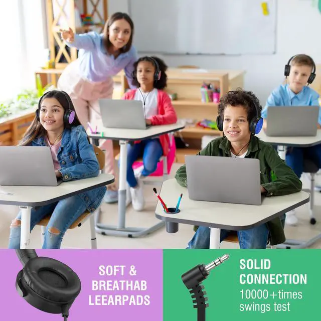 Alt view image 4 of 7 - Kids Headphones Bulk 5 Pack, Durable Wired School Headphones for K-12 Classroom, Foldable Student Headphones for Library, Online Listening, Tablet, 3.5mm Jack, Multicolor