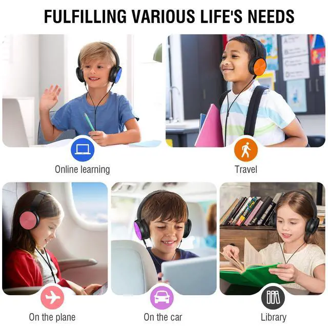 Alt view image 6 of 7 - Kids Headphones Bulk 5 Pack, Durable Wired School Headphones for K-12 Classroom, Foldable Student Headphones for Library, Online Listening, Tablet, 3.5mm Jack, Multicolor
