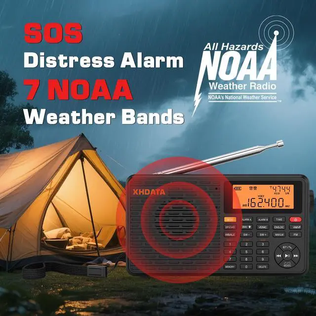 Alt view image 4 of 7 - D109WB Portable AM/FM/SW/LW/WB Weather Radio Shortwave Radio Receiver with NOAA Alert, Battery Operated Great Sound Wireless BT Mp3 Speaker, SOS Alert Alarm Clock Sleep Function