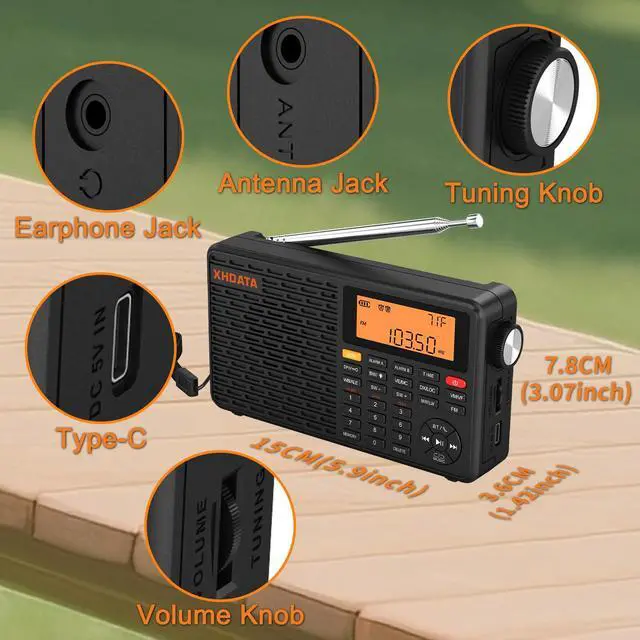 Alt view image 7 of 7 - D109WB Portable AM/FM/SW/LW/WB Weather Radio Shortwave Radio Receiver with NOAA Alert, Battery Operated Great Sound Wireless BT Mp3 Speaker, SOS Alert Alarm Clock Sleep Function