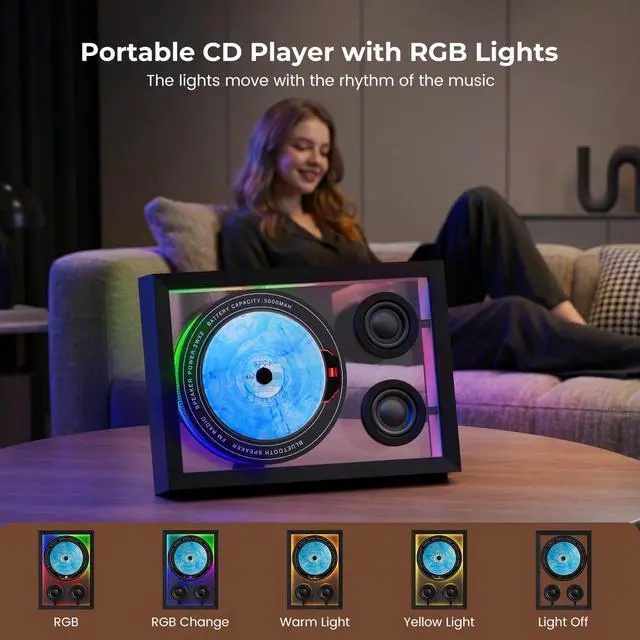Alt view image 3 of 7 - Vertical CD Player with Bluetooth 5.3,HiFi Speakers CD Player for Wall Home | FM Redio/Remote Control/RGB Light/TF Card/AUX Supported,5000mAH Battery Rechargeable Music Player