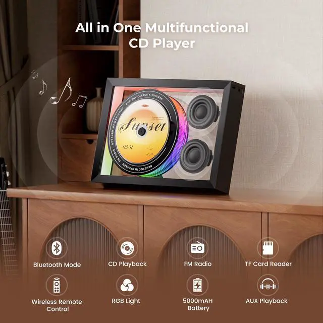 Alt view image 2 of 7 - Vertical CD Player with Bluetooth 5.3,HiFi Speakers CD Player for Wall Home | FM Redio/Remote Control/RGB Light/TF Card/AUX Supported,5000mAH Battery Rechargeable Music Player