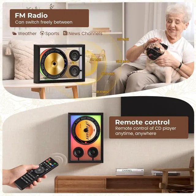 Alt view image 5 of 7 - Vertical CD Player with Bluetooth 5.3,HiFi Speakers CD Player for Wall Home | FM Redio/Remote Control/RGB Light/TF Card/AUX Supported,5000mAH Battery Rechargeable Music Player