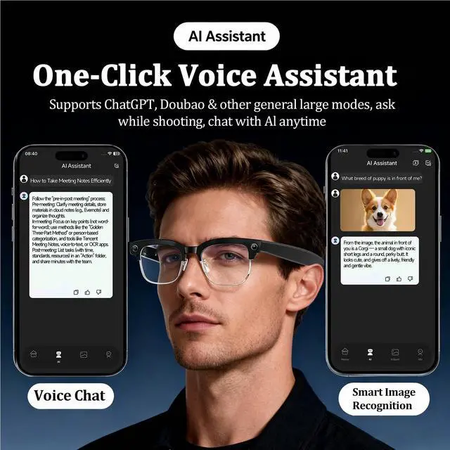 Alt view image 4 of 7 - AI Smart Glasses with Camera, 8MP Anti-Shake Bluetooth Camera Glasses | 1080P Video Recording Dual Mic Noise Reduction, Real Time Translation&Simultaneous Interpretation, 290mAh Capacity(W630)