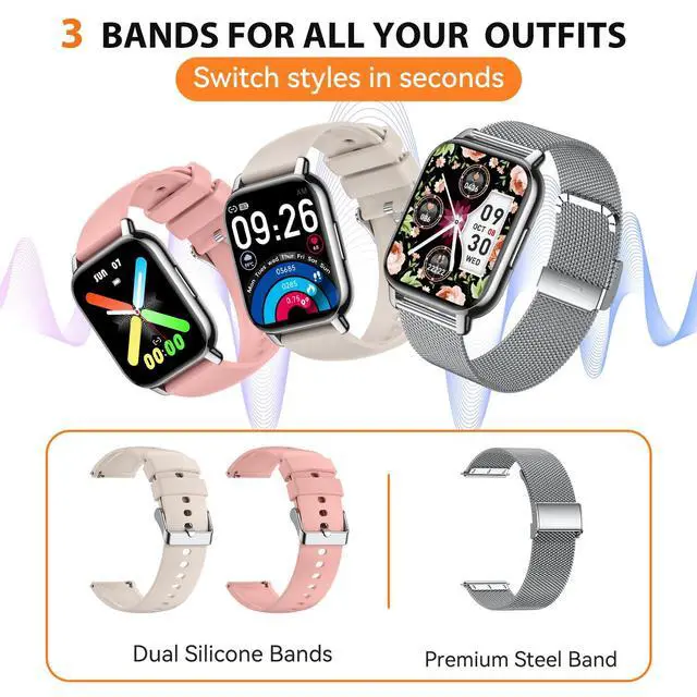 Alt view image 5 of 7 - Smart Watch for Women(3 Bands), Fitness Tracker with Bluetooth Calls & AI Voice Control, 1.85 HD Screen, Heart Rate/SpO2 Monitor, Sleep Tracker, Compatible with Android iOS (Silver)