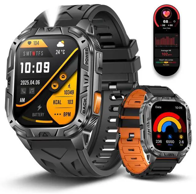 Main image of Military Smart Watch for Men with Flashlight (Answer/Make Calls) | 60 Days Battery/Heart Rate/Sleep Monitor/2.01" HD/IP68 Waterproof/100+ Sports Modes for Android iOS (2 Bands)