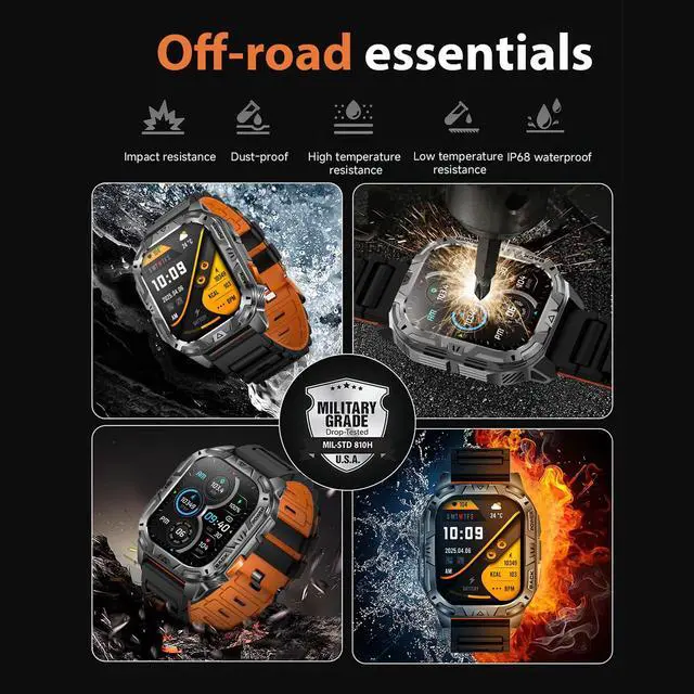 Alt view image 2 of 6 - Military Smart Watch for Men with Flashlight (Answer/Make Calls) | 60 Days Battery/Heart Rate/Sleep Monitor/2.01" HD/IP68 Waterproof/100+ Sports Modes for Android iOS (2 Bands)