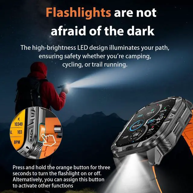 Alt view image 3 of 6 - Military Smart Watch for Men with Flashlight (Answer/Make Calls) | 60 Days Battery/Heart Rate/Sleep Monitor/2.01" HD/IP68 Waterproof/100+ Sports Modes for Android iOS (2 Bands)