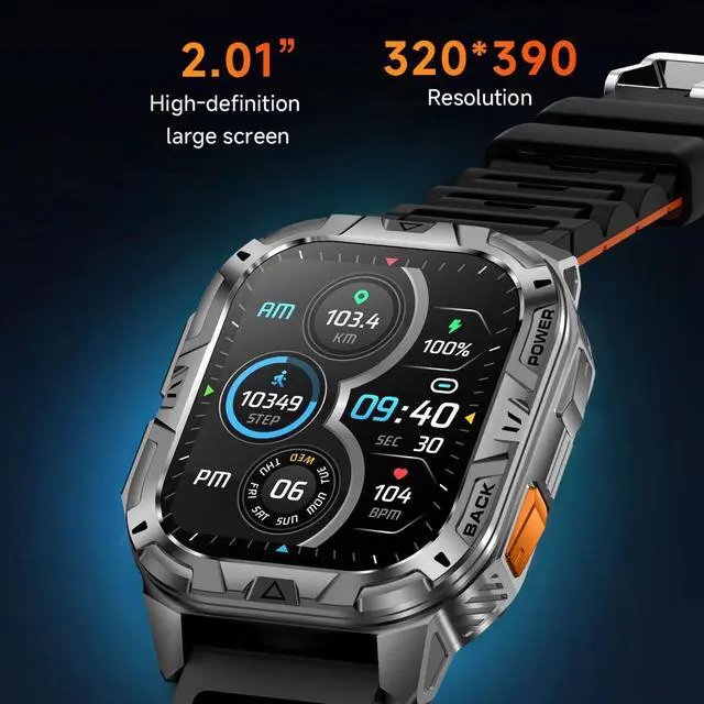 Alt view image 5 of 6 - Military Smart Watch for Men with Flashlight (Answer/Make Calls) | 60 Days Battery/Heart Rate/Sleep Monitor/2.01" HD/IP68 Waterproof/100+ Sports Modes for Android iOS (2 Bands)