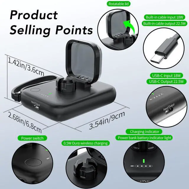 Alt view image 7 of 7 - Portable Charging Case for Oura Ring Gen 4, Smaller 5000mAh Fast Charging Power Bank with USB-C Cable,Travel Keychain Battery Pack for iPhone Air/17/16/15/ Galaxy