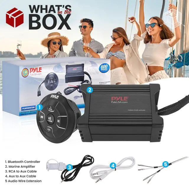 Alt view image 2 of 7 - Waterproof Bluetooth Marine Amplifier Receiver - Weatherproof 2 Channel Wireless Amp for Stereo Speaker with 600 Watt Power, Wired RCA, AUX and MP3 Audio Input Cable - (Black)