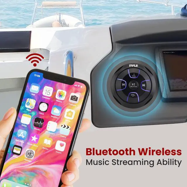 Alt view image 5 of 7 - Waterproof Bluetooth Marine Amplifier Receiver - Weatherproof 2 Channel Wireless Amp for Stereo Speaker with 600 Watt Power, Wired RCA, AUX and MP3 Audio Input Cable - (Black)