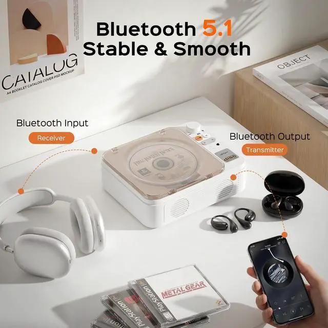 Alt view image 3 of 7 - Portable CD Player with Bluetooth, 2000mAh Small CD Player for Home | Desktop CD Player with Speaker Supports CD/USB/Bluetooth/AUX-Output, Remote Control, Gift for Family/Friends