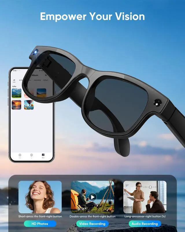 Alt view image 2 of 7 - Smart Glasses with Camera, AI Camera Glasses, Video Recording, Voice Assistant Control Bluetooth Music for Men Women Teenager