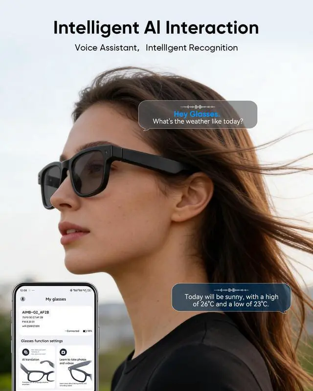 Alt view image 5 of 7 - Smart Glasses with Camera, AI Camera Glasses, Video Recording, Voice Assistant Control Bluetooth Music for Men Women Teenager
