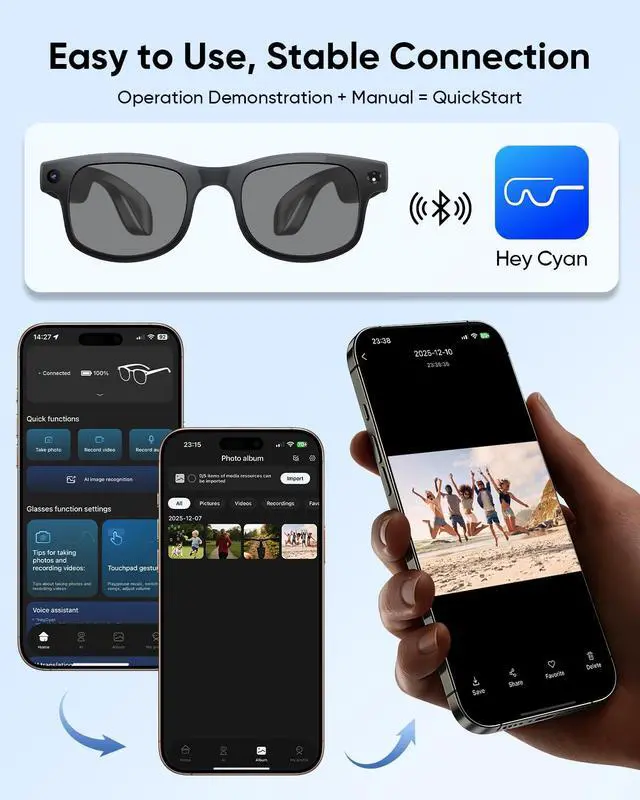 Alt view image 6 of 7 - Smart Glasses with Camera, AI Camera Glasses, Video Recording, Voice Assistant Control Bluetooth Music for Men Women Teenager