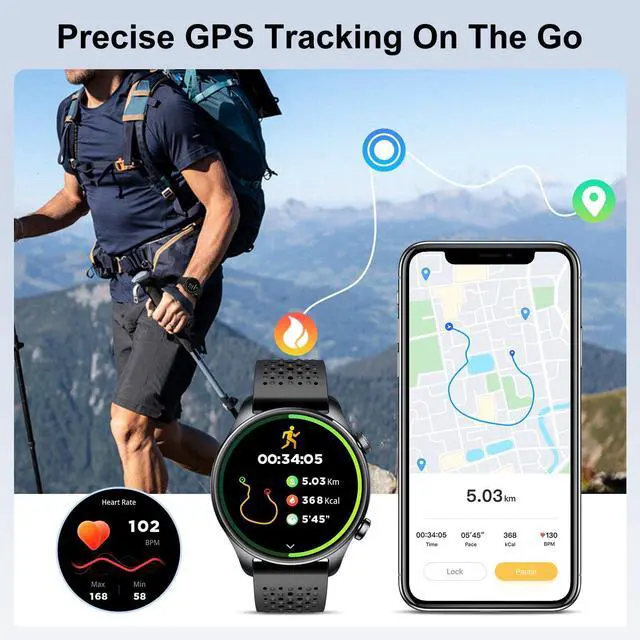 Alt view image 2 of 5 - GPS Smart Watch for Men Android iPhone, 30m Waterproof Outdoor Watch Blue | Men's Fitness Watch Bluetooth Call, 1.43" AMOLED Round Display, Heart Rate/Sleep/SpO2 Monitor, 100+ Sport Modes