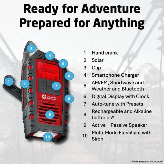 Alt view image 5 of 7 - Odyssey Multi-Powered All-Band Bluetooth Emergency Radio with RDS, Red