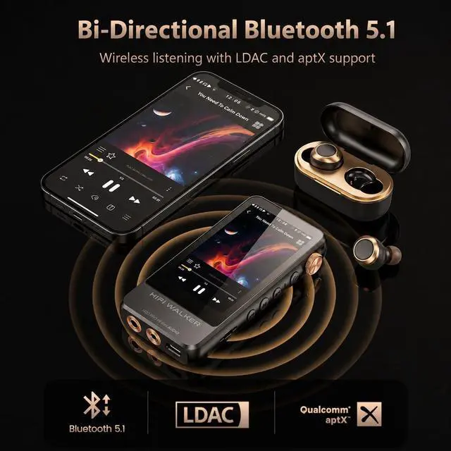 Alt view image 6 of 7 - H20 Pro Hi-Res Music Player with Bluetooth, Digital Audio Player with 3.2" Touchscreen, Dual DAC, 3.5mm & 4.4mm Balanced Output, USB DAC, 64GB Micro SD Card Included