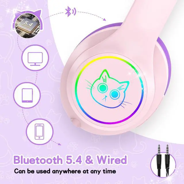 Alt view image 2 of 6 - Kids Bluetooth Headphones,Over Ear Kids Headphones Wireless with Mic 50H Playtime Colorful LED Lights AUX Cord 94dB Safe Volume Limited Foldable Design for Boy Girl Travel/School/iPad