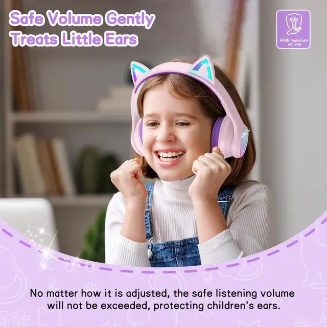 Alt view image 3 of 6 - Kids Bluetooth Headphones,Over Ear Kids Headphones Wireless with Mic 50H Playtime Colorful LED Lights AUX Cord 94dB Safe Volume Limited Foldable Design for Boy Girl Travel/School/iPad