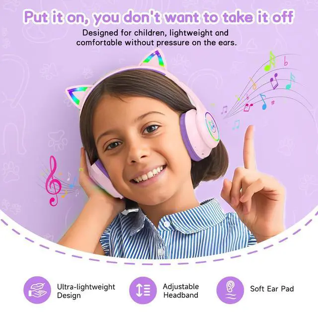 Alt view image 4 of 6 - Kids Bluetooth Headphones,Over Ear Kids Headphones Wireless with Mic 50H Playtime Colorful LED Lights AUX Cord 94dB Safe Volume Limited Foldable Design for Boy Girl Travel/School/iPad