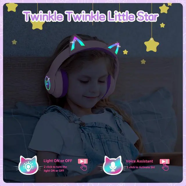Alt view image 5 of 6 - Kids Bluetooth Headphones,Over Ear Kids Headphones Wireless with Mic 50H Playtime Colorful LED Lights AUX Cord 94dB Safe Volume Limited Foldable Design for Boy Girl Travel/School/iPad