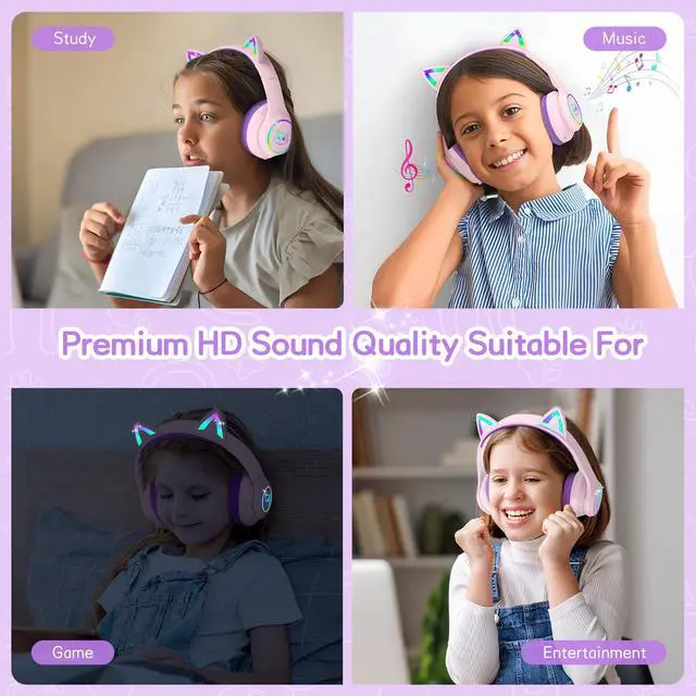 Alt view image 6 of 6 - Kids Bluetooth Headphones,Over Ear Kids Headphones Wireless with Mic 50H Playtime Colorful LED Lights AUX Cord 94dB Safe Volume Limited Foldable Design for Boy Girl Travel/School/iPad