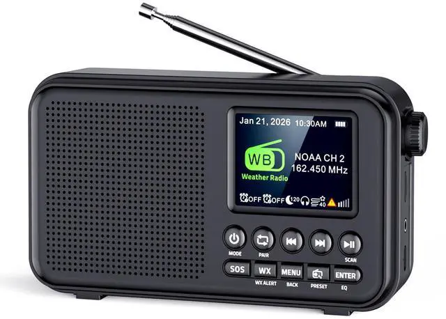 Main image of Portable FM Radio with Bluetooth, NOAA Weather Alert, Black | 2.4" Color Display, 40 Preset, 8W Clear Sound, 3000mAh Rechargeable, Sleep Timer, MicroSD Playback, Headphone Jack, Home