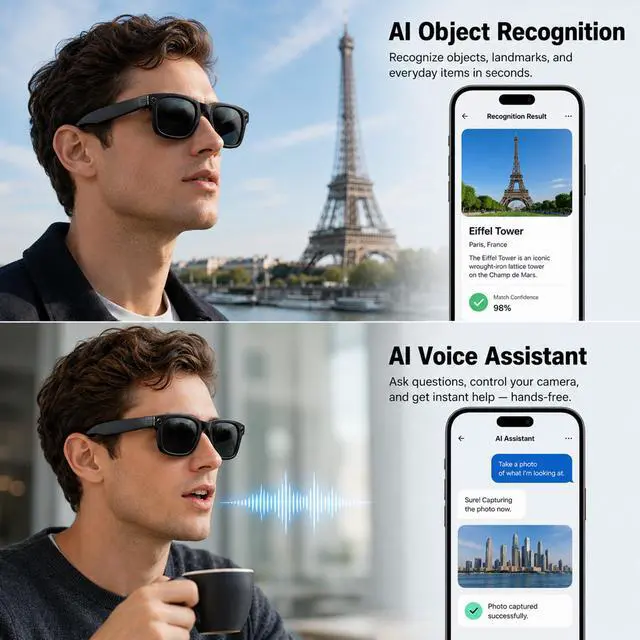 Alt view image 3 of 7 - AI Smart Glasses with Camera,Photo Capture &4k Video Recording Glasses,Real-Time Translation, Open-Ear Audio, Object Recognition,Camera Sunglasses with AI Assistant for Vlogging, Travel, Running