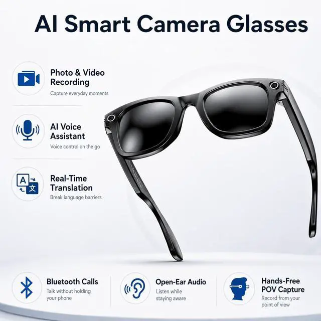 Alt view image 4 of 7 - AI Smart Glasses with Camera,Photo Capture &4k Video Recording Glasses,Real-Time Translation, Open-Ear Audio, Object Recognition,Camera Sunglasses with AI Assistant for Vlogging, Travel, Running