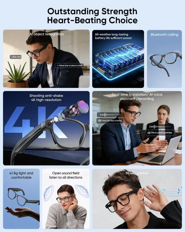 Alt view image 3 of 7 - AI Smart Glasses with Camera 4K for Men & Women, 800W Anti-Shake Camera Glasses with Chat GPT, Video Recording Dual Mic,Bluetooth Translation Glasses with 160+ Languages,Color-Change Lens -Black