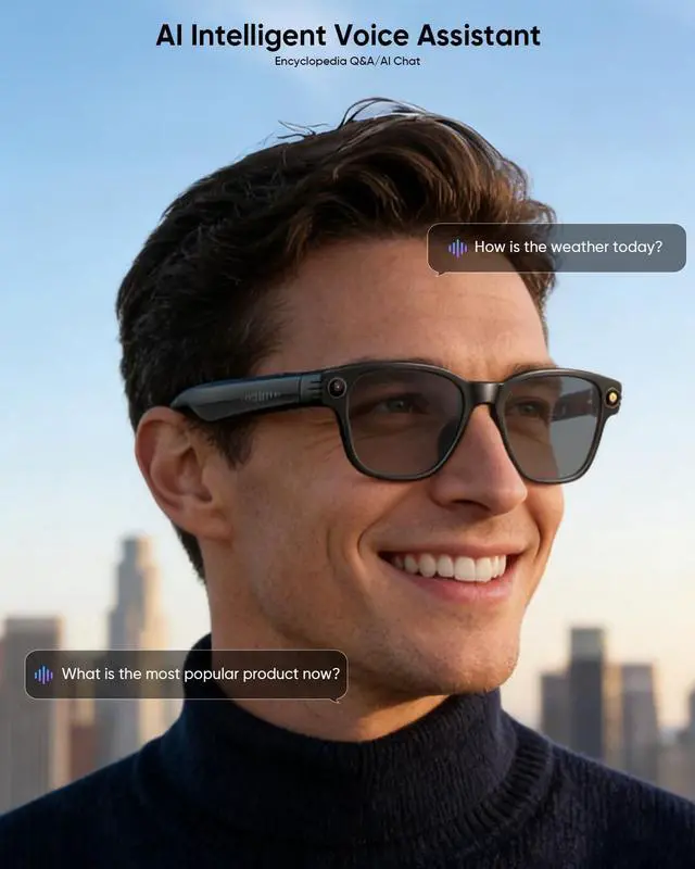 Alt view image 4 of 7 - AI Smart Glasses with Camera 4K for Men & Women, 800W Anti-Shake Camera Glasses with Chat GPT, Video Recording Dual Mic,Bluetooth Translation Glasses with 160+ Languages,Color-Change Lens -Black