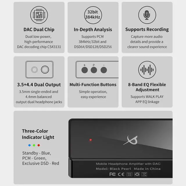 Alt view image 3 of 7 - TRN Black Pearl Portable Hi-Fi Digital Audio Decoder 3.5+4.4 Output Dual CS43131 PCM 384kHz 32Bit DSD256 DAC Headphone Amplifier
