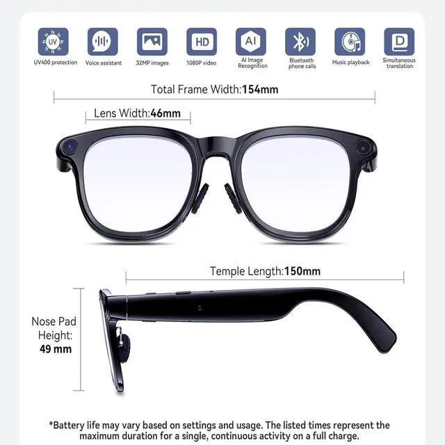 Alt view image 2 of 7 - AI Smart Glasses with 4k Camera for Travel & Daily Use, Bluetooth Audio Sunglasses with Open-Ear Speakers, Hands-Free Calling&Vlogging, Real Time Translation (Matt Black)