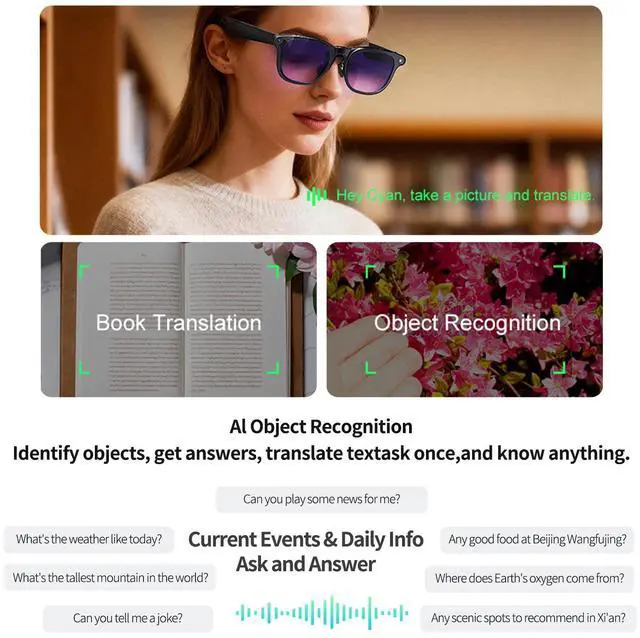 Alt view image 6 of 7 - AI Smart Glasses with 4k Camera for Travel & Daily Use, Bluetooth Audio Sunglasses with Open-Ear Speakers, Hands-Free Calling&Vlogging, Real Time Translation (Matt Black)