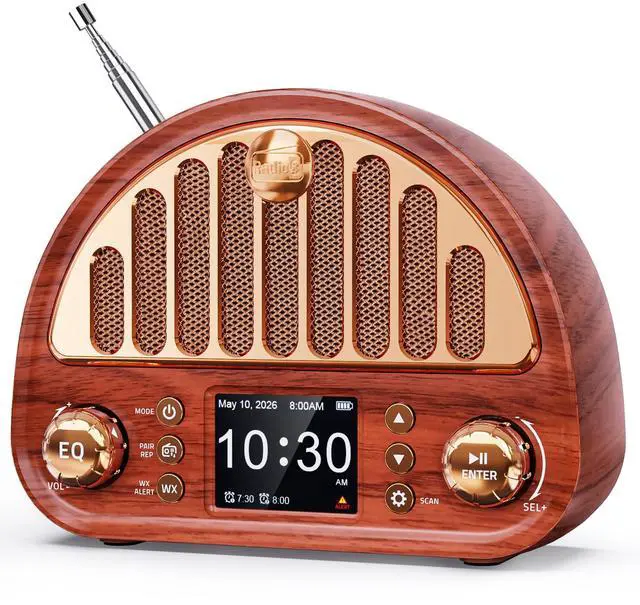 Main image of Vintage FM Radio with NOAA Weather Alert, Bluetooth Clock Radio | Rechargeable Tabletop Design for Bedroom and Home, 2" Color Display, Dual Alarm, microSD, AUX, 40 FM + 7 Weather Presets