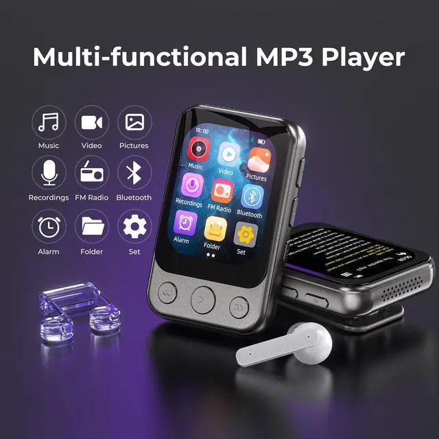Alt view image 7 of 7 - 64GB Clip MP3 Player with Bluetooth 5.3 & Built-in Speaker, 1.2 Oz | 2" Touchscreen & Physical Buttons, FM Radio, Voice Recorder, 3.5mm Headphone Jack, Sports & Running, Up to 128GB microSD Card