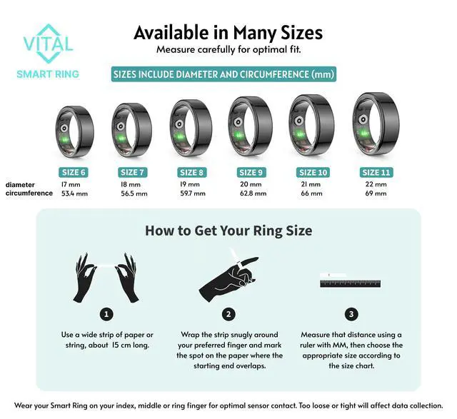 Alt view image 4 of 7 - Vital Health Smart Ring for Women Rings for Men Fitness, Black, Size 6 | Fitness Tracker Ring with Sleep Monitor, Heart Rate & Activity Tracking, App Connected for Women and Men, Black Size 6