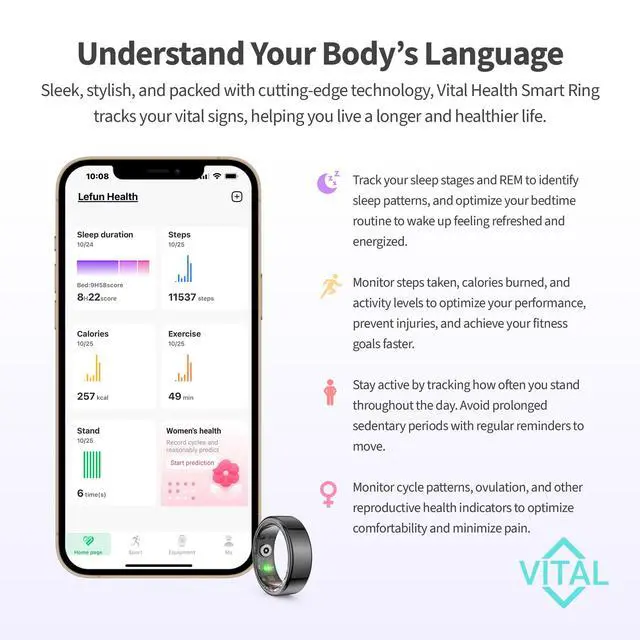 Alt view image 2 of 7 - Vital Health Smart Ring for Women Rings for Men Fitness, Black, Size 6 | Fitness Tracker Ring with Sleep Monitor, Heart Rate & Activity Tracking, App Connected for Women and Men, Black Size 6