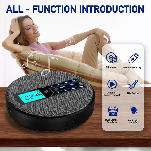 Alt view image 7 of 7 - CD Player Portable, Rechargeable Portable CD Player with Dual Speakers and Anti Skip,CD,USB,AUX,LCD Display,Backlit Button,5 EQ,A-B Repeat,10 Speeds for Home Car Fabric, Black