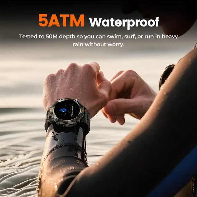 Alt view image 2 of 7 - Tactical Smart Watch for Men, Rugged 1.43" AMOLED Fitness Tracker | Bluetooth Calling, 5ATM Waterproof, 170+ Sports Modes, Heart Rate & SpO2 Monitor, Sleep Tracking, 2 Bands, Android & iPhone